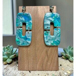 Handcrafted Blue Green & Silver Dangle Polymer Clay Earrings w/ Stainless Steel